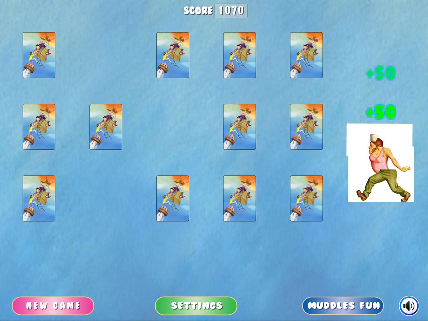 Bemuddled’s memory-game board with face-down cards and a completed character.