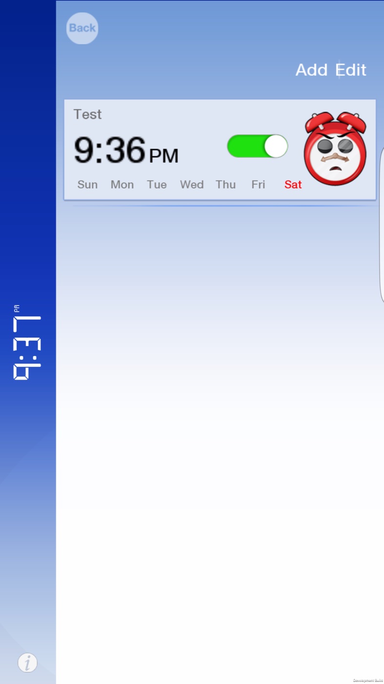 Bomax’s redesigned alarm list with a scheduled alarm and the red alarm-clock character.