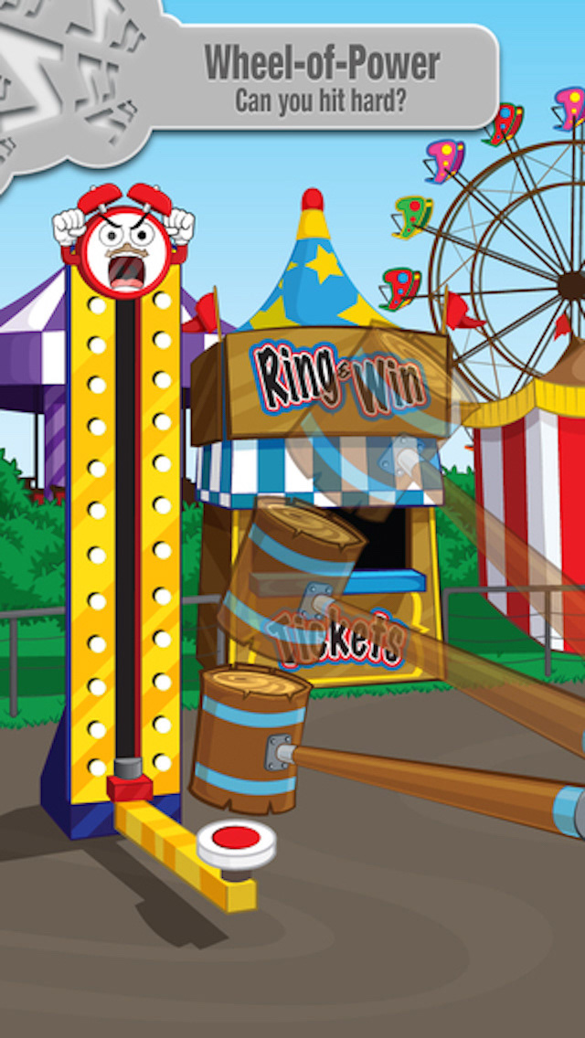 A carnival-themed Bomax mini-game with a strength-testing tower and the alarm-clock character.