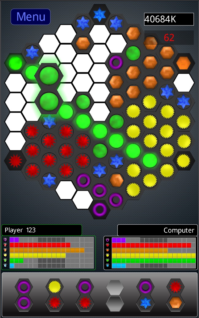 Ingenious gameplay showing colored tiles, player and computer scores, and the tile rack.