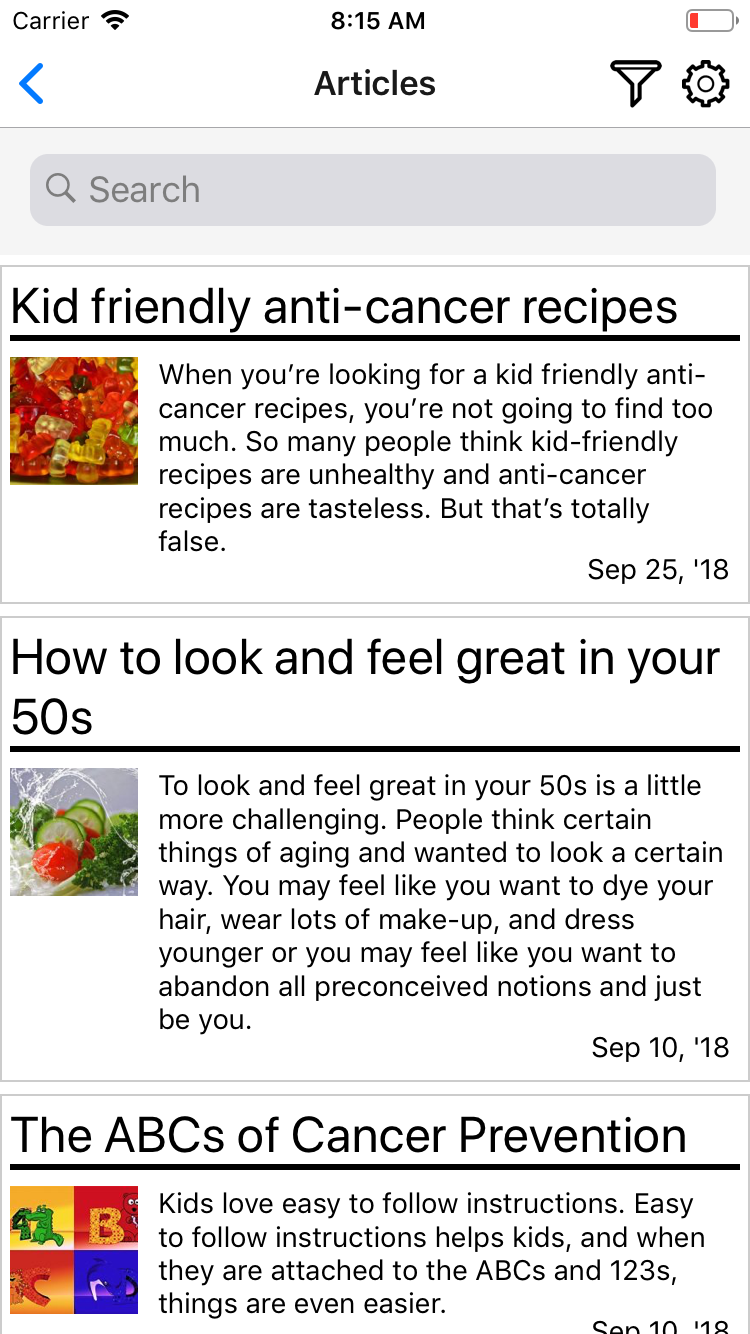 Searchable Onco Telehealth article feed with health and cancer-related reading.