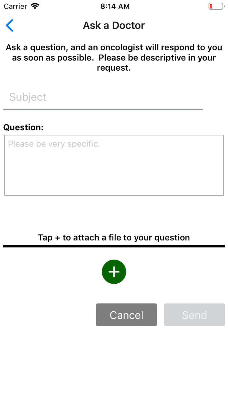 Ask a Doctor screen for sending an oncologist a question with an optional file attachment.