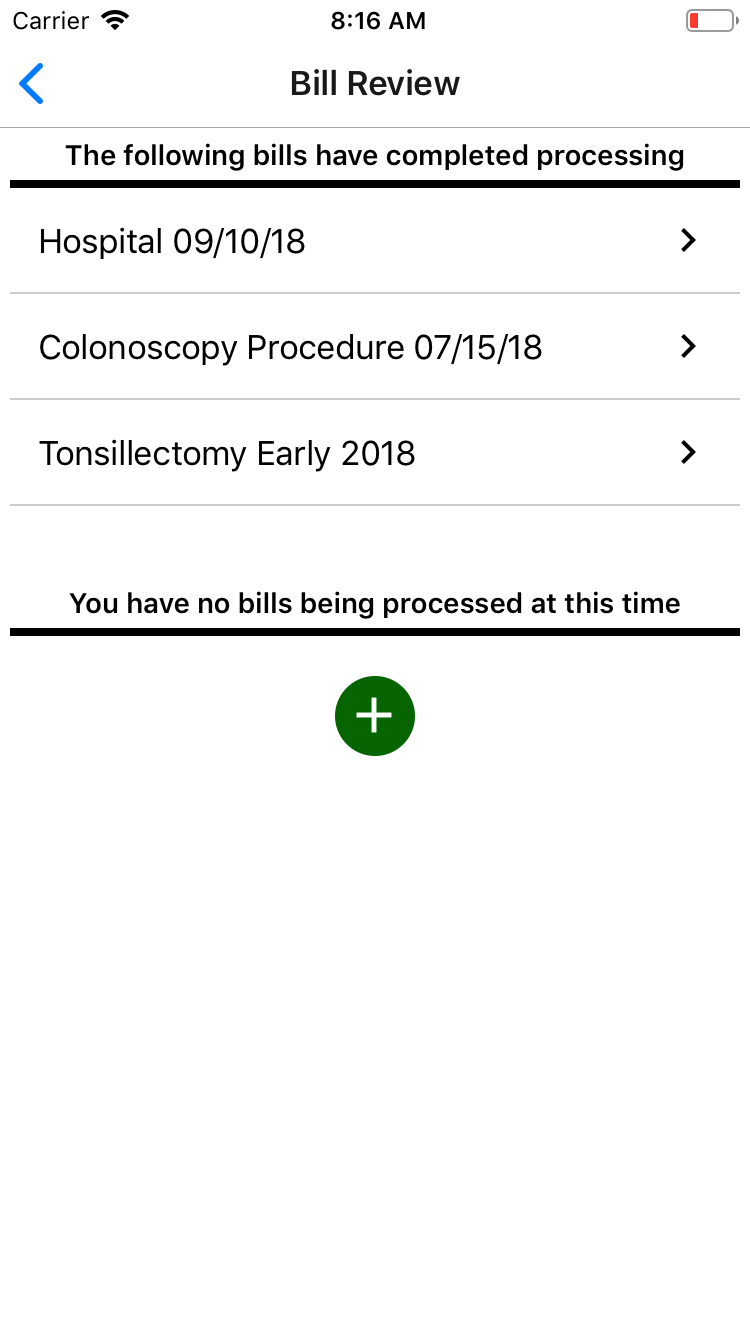 Bill Review screen listing completed bill reviews and a control for adding another bill.