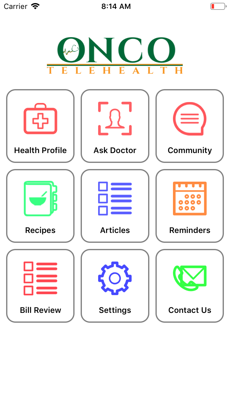 Onco Telehealth dashboard with health profile, doctor questions, community, recipes, articles, reminders, bill review, settings, and contact options.