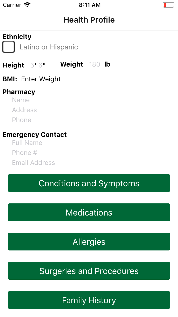 Health profile screen with pharmacy and emergency contact fields and links to conditions, medications, allergies, procedures, and family history.