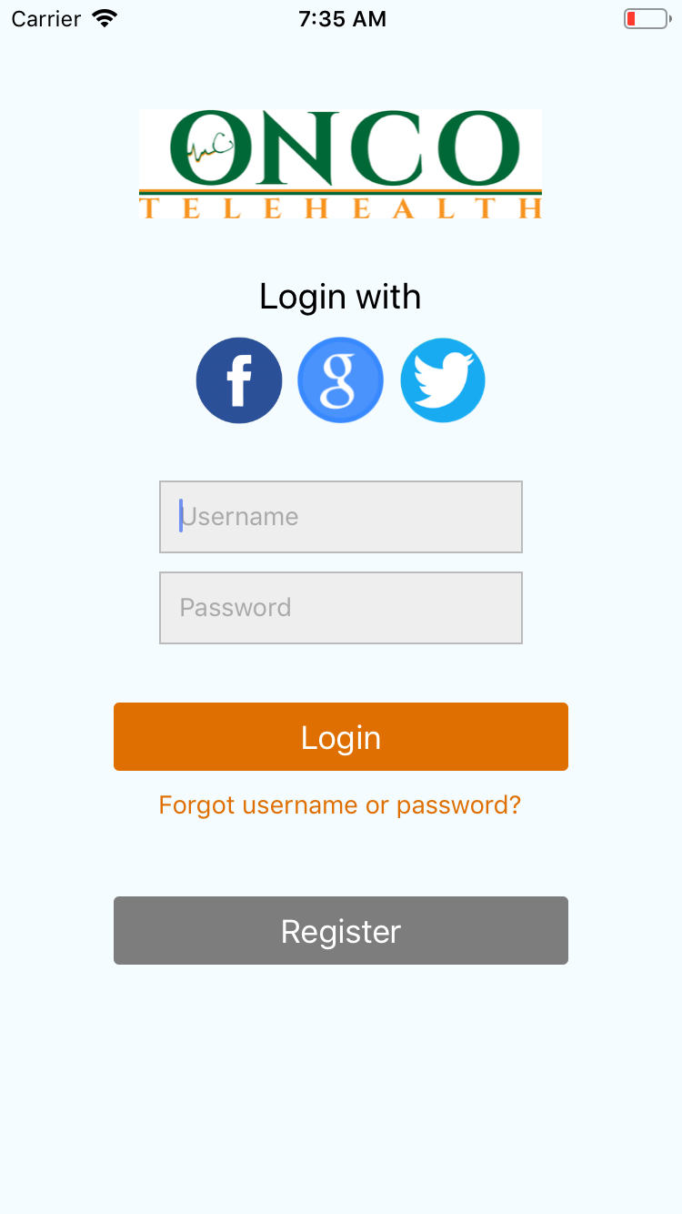 Onco Telehealth sign-in screen with social login, username and password fields, and registration.