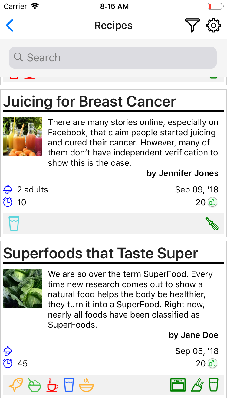 Searchable recipe feed with food photographs, authors, preparation details, and dietary icons.