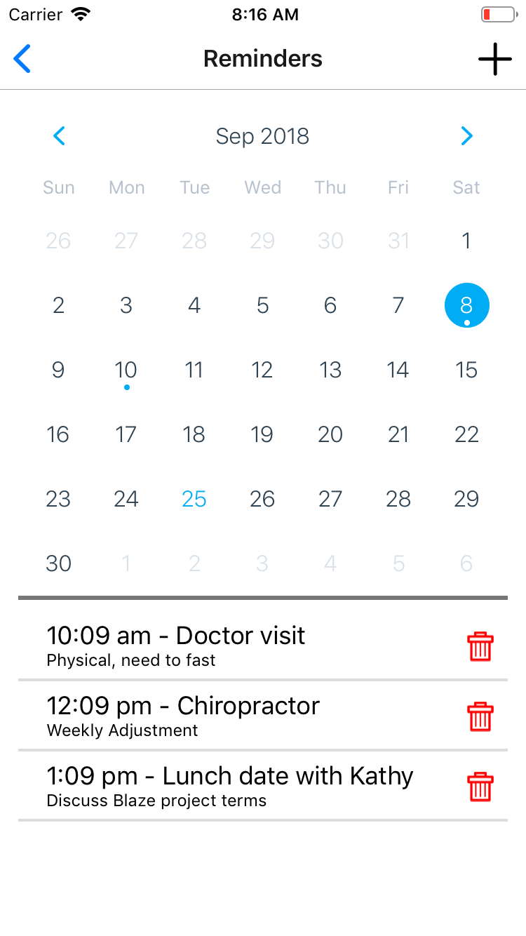 Onco Telehealth reminders screen with a monthly calendar and scheduled appointments.